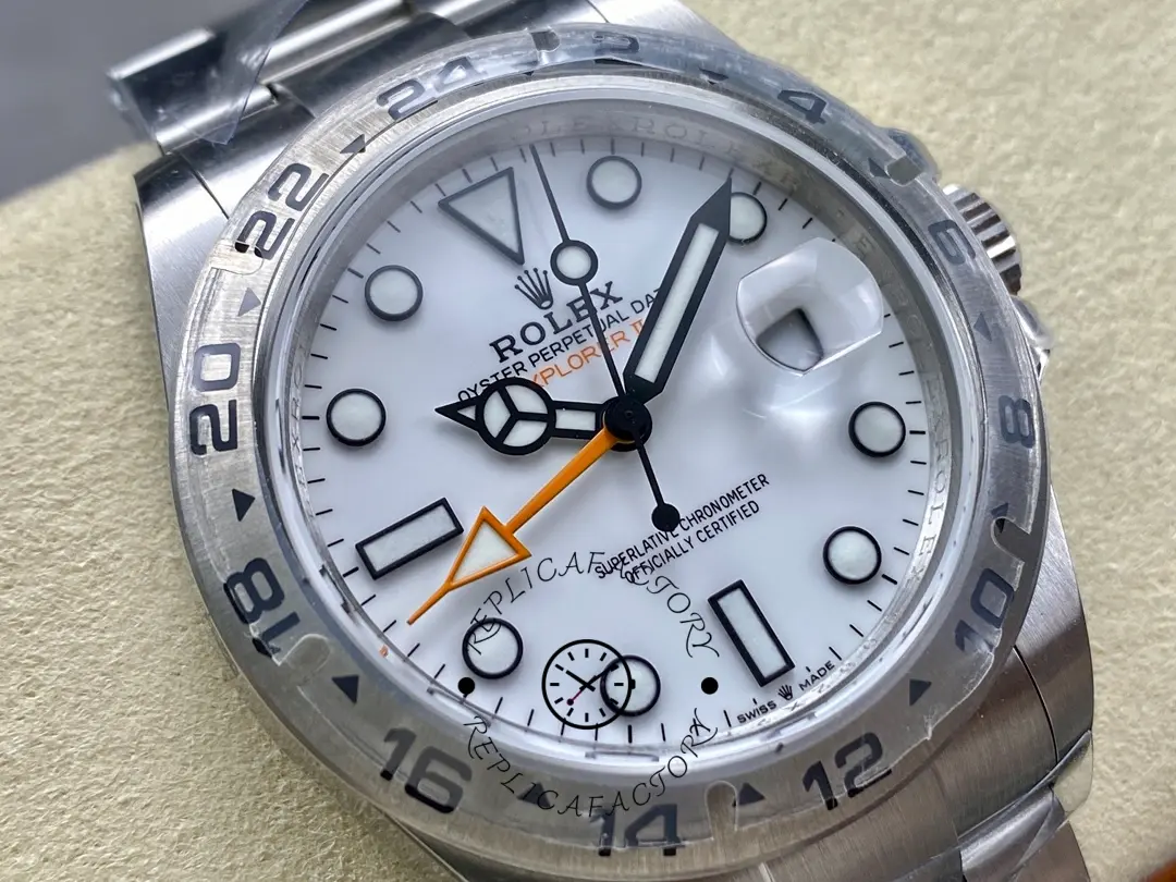 Macro view of the Rolex Explorer II m226570 0001, fixed 24-hour bezel and crystal edge.