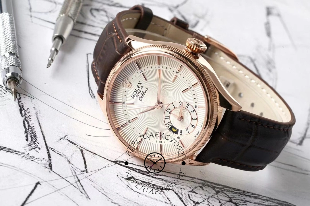 Rolex Cellini Dual Time 50525 Silver Dial Brown Leather Strap 39mm Mens Replica Watch