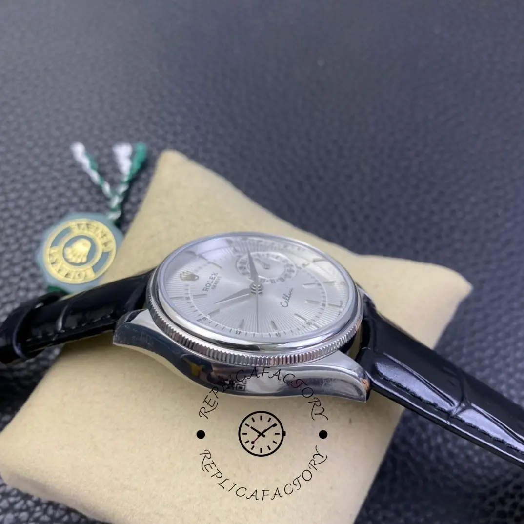 Rolex Cellini Date 50519 Black Leather Silver Dial 39mm Mens Replica Watch