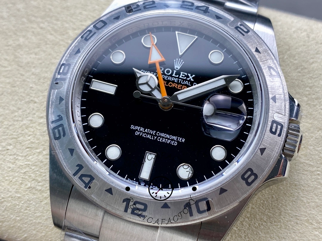 Rolex Explorer II m226570 0002 top view, black dial and fixed 24-hour bezel, steel bracelet.