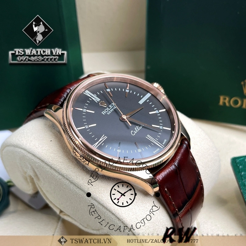 Rolex Cellini Time 50505 Brown Leather Strap Black Dial 39mm Mens Replica Watch