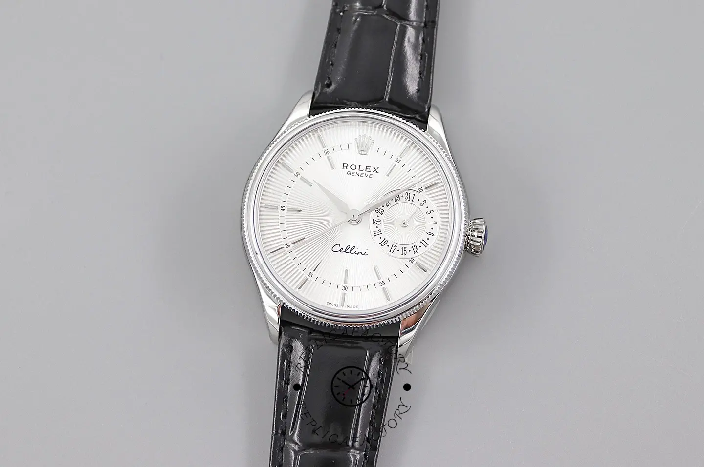 Rolex Cellini Date 50519 Black Leather Silver Dial 39mm Mens Replica Watch
