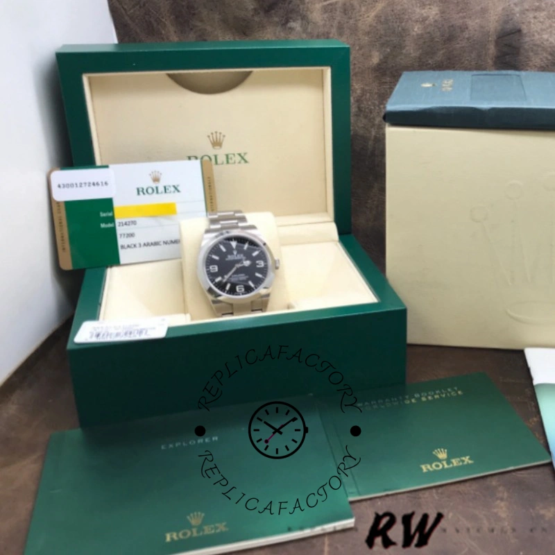 Rolex Explorer 214270 set in Rolex box, watch with papers and accessories displayed.