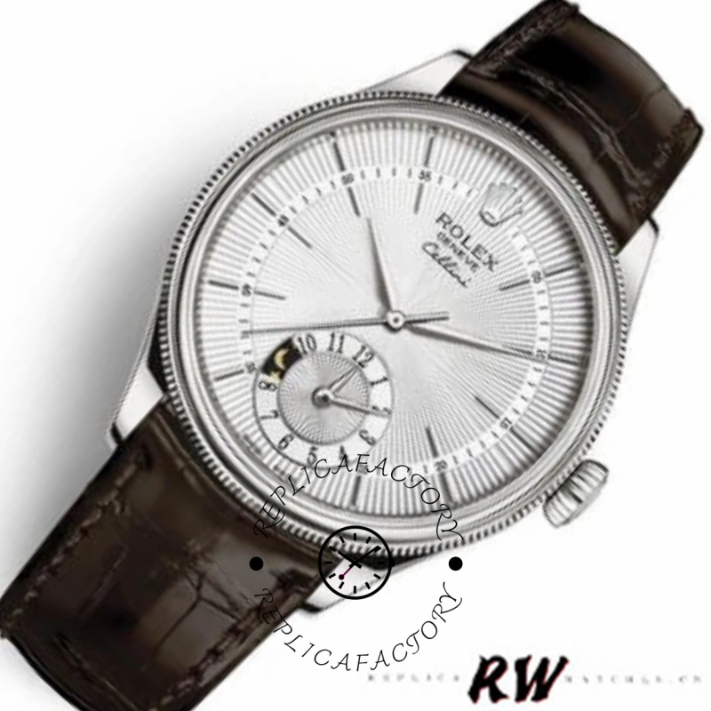 Rolex Cellini Dual Time 50529 angled front view, silver dial, dual-time subdial, brown leather strap.