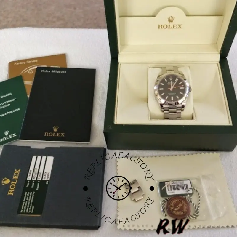 Box set shot of Rolex Milgauss 116400, showing watch, card, and packaging.
