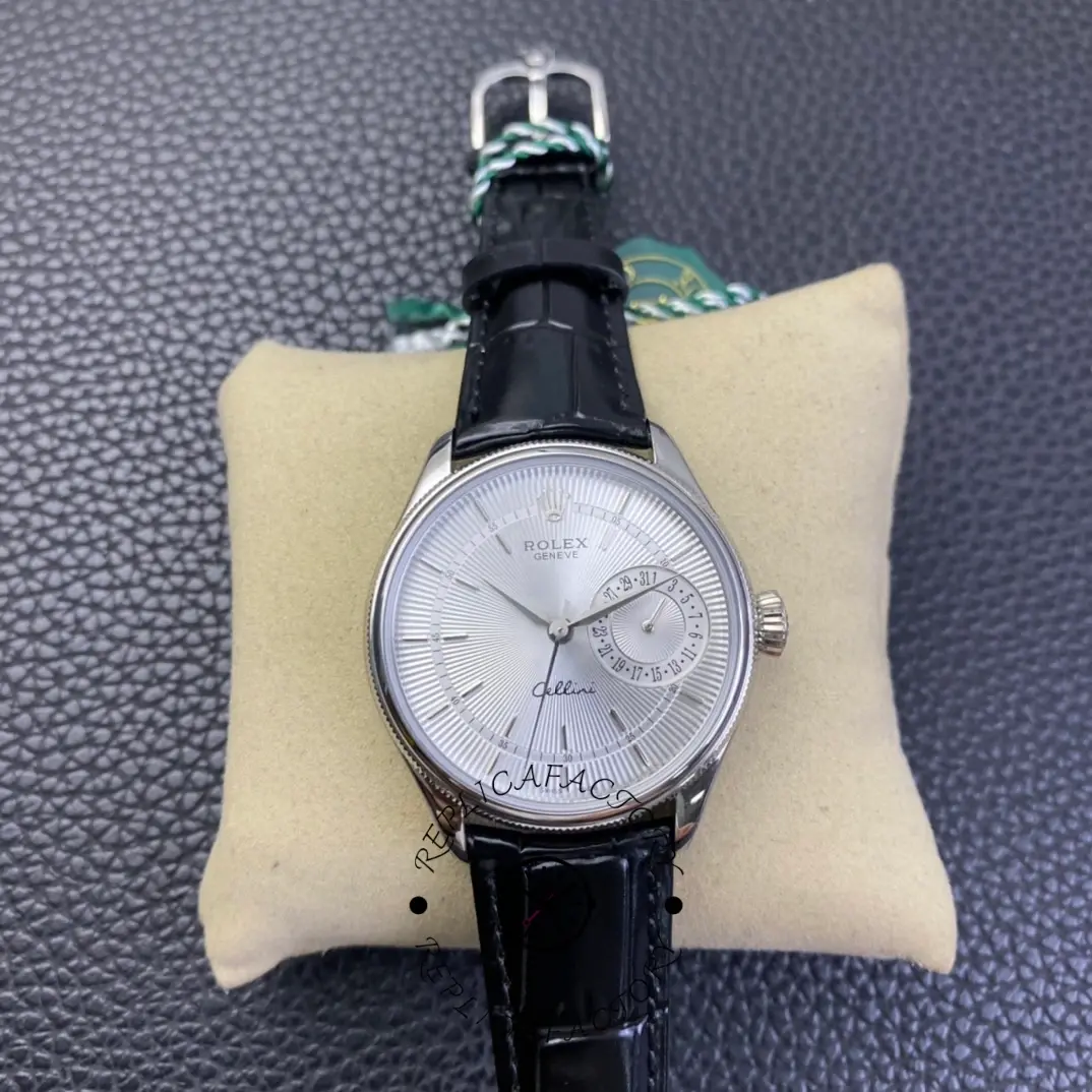 Rolex Cellini Date 50519 Black Leather Silver Dial 39mm Mens Replica Watch