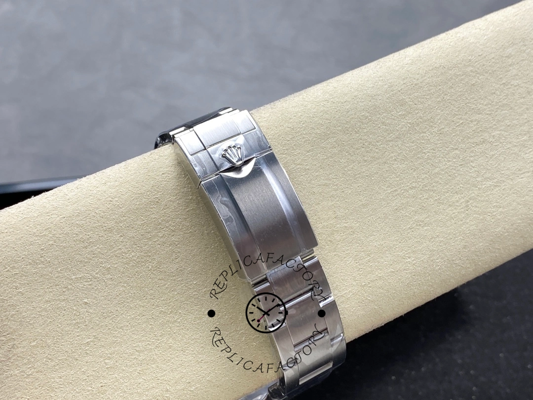 Rolex Explorer II m226570 0002 bracelet underside on cushion, clasp and links, side view.