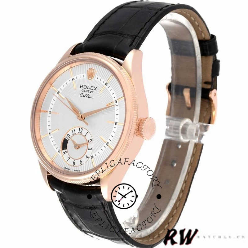 Rolex Cellini Dual Time 50525 Silver Dial Black Leather Strap 39mm Mens Replica Watch
