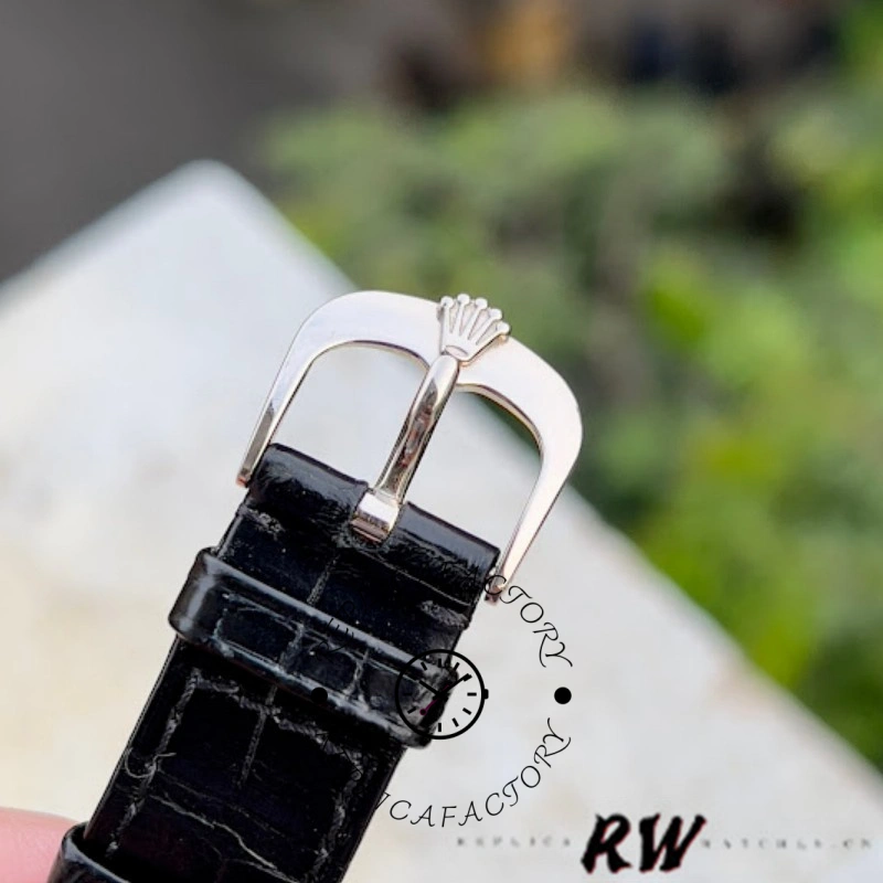 Rolex Cellini Dual Time 50529, buckle view on black strap showing clasp shape and leather finish.