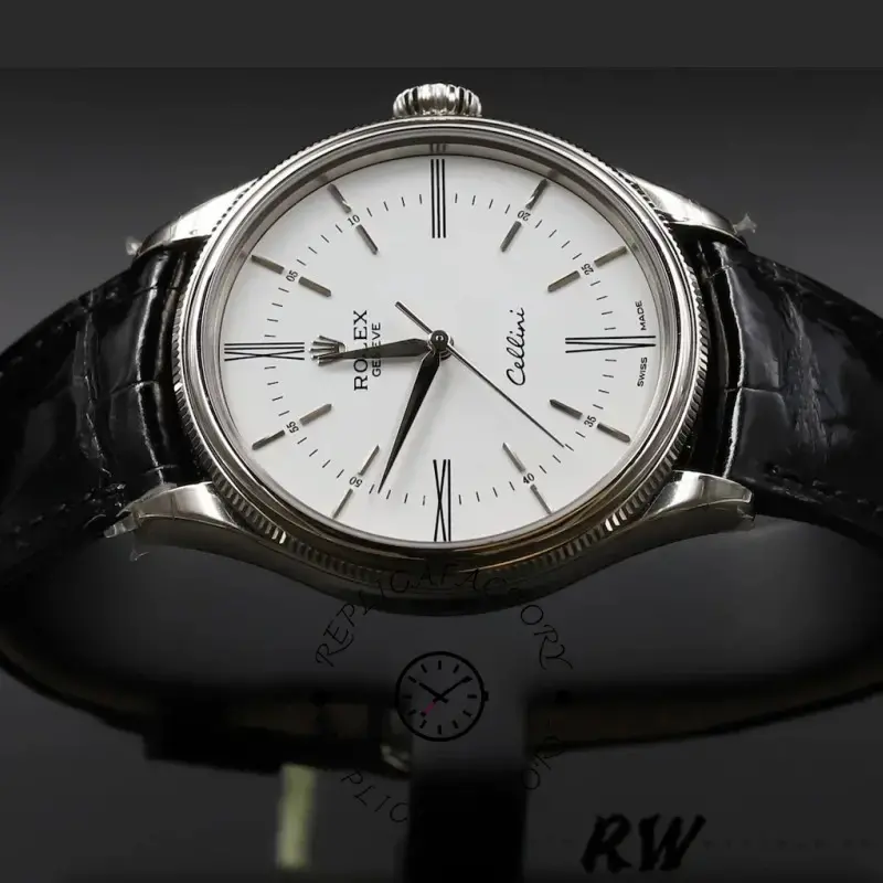 Rolex Cellini Time 50509 Black Leather Strap White Dial 39mm Mens Replica Watch