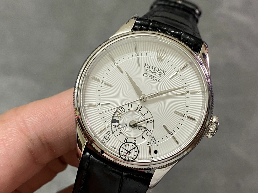 Rolex Cellini Dual Time 50529, angled close-up showing polished bezel and silver sunburst dial.