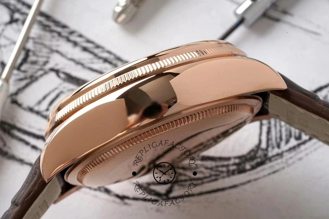 Rolex Cellini Dual Time 50525 Silver Dial Brown Leather Strap 39mm Mens Replica Watch