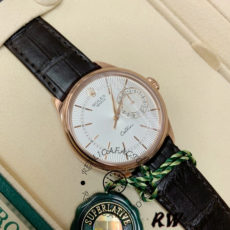 Rolex Cellini Date 50515 Rose Gold Silver Guilloche Index Dial 39mm Mens Replica Watch