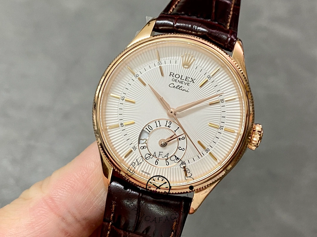 Rolex Cellini Dual Time 50525 Silver Dial Brown Leather Strap 39mm Mens Replica Watch