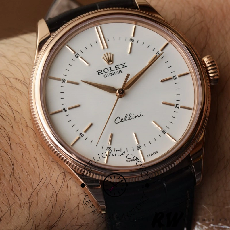 Rolex Cellini Time 50505 Brown Leather Strap White Dial 39mm Mens Replica Watch