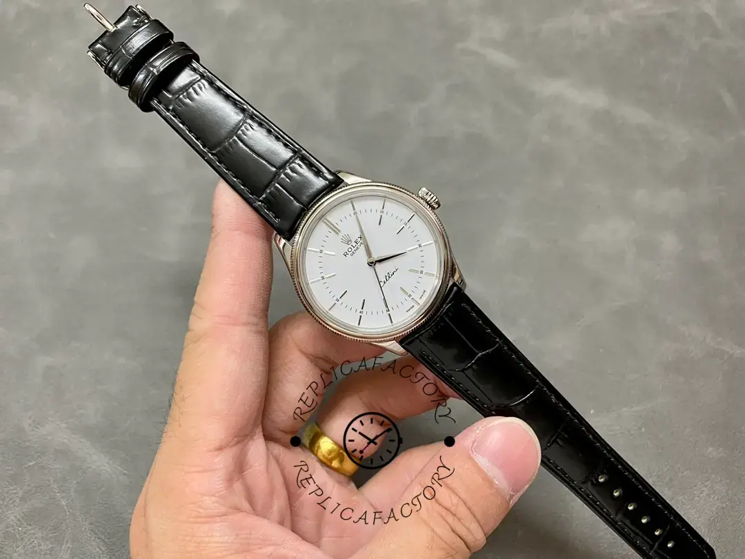 Rolex Cellini Time 50509 Black Leather Strap White Dial 39mm Mens Replica Watch