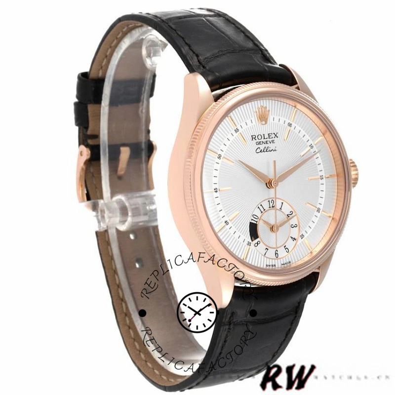 Rolex Cellini Dual Time 50525 Silver Dial Black Leather Strap 39mm Mens Replica Watch