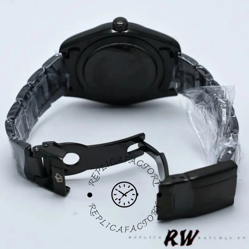 Rolex Milgauss PR116610 bracelet underside view, black PVD links and clasp open.