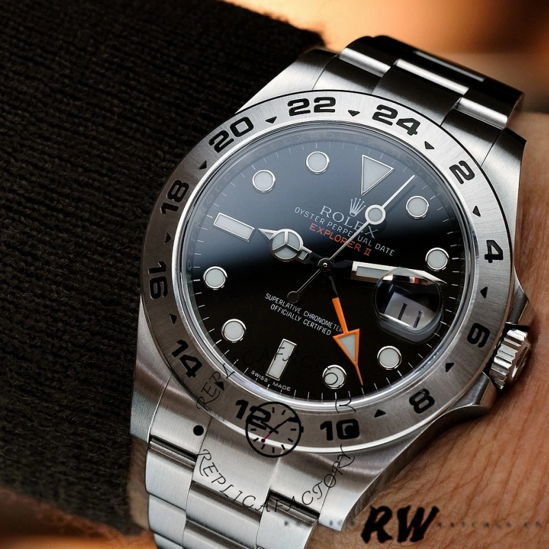 Rolex Explorer II m226570 0002 lifestyle shot, black dial and bezel, stainless steel bracelet.