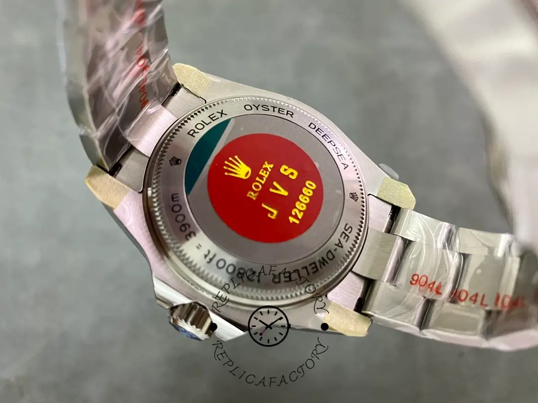 Rolex Deepsea 126660 case back view with sticker, Oyster bracelet, rear angle.