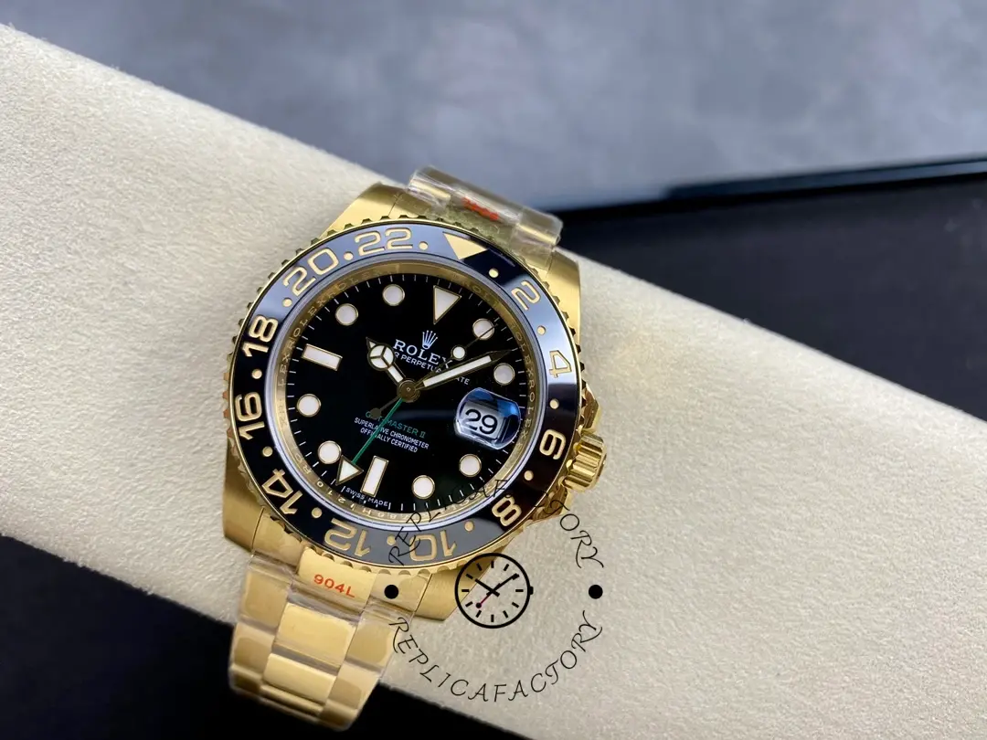 Another wrist-on-roll view of Rolex GMT-Master II 116718LN, black dial and black bezel shine.