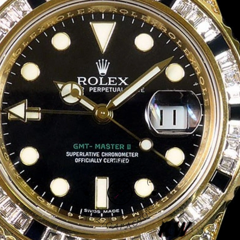Rolex GMT-Master II 116758, dial macro showing luminous markers, cyclops date, and text.