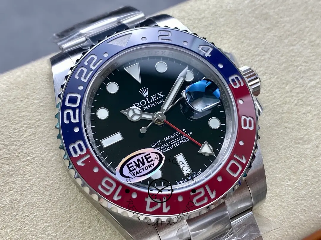 Close-up front view of the Rolex GMT-Master II 126710BLRO 0002, black dial and bezel.