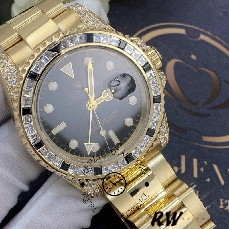 Rolex GMT-Master II 116758, side view showing yellow gold case and diamond bezel profile.