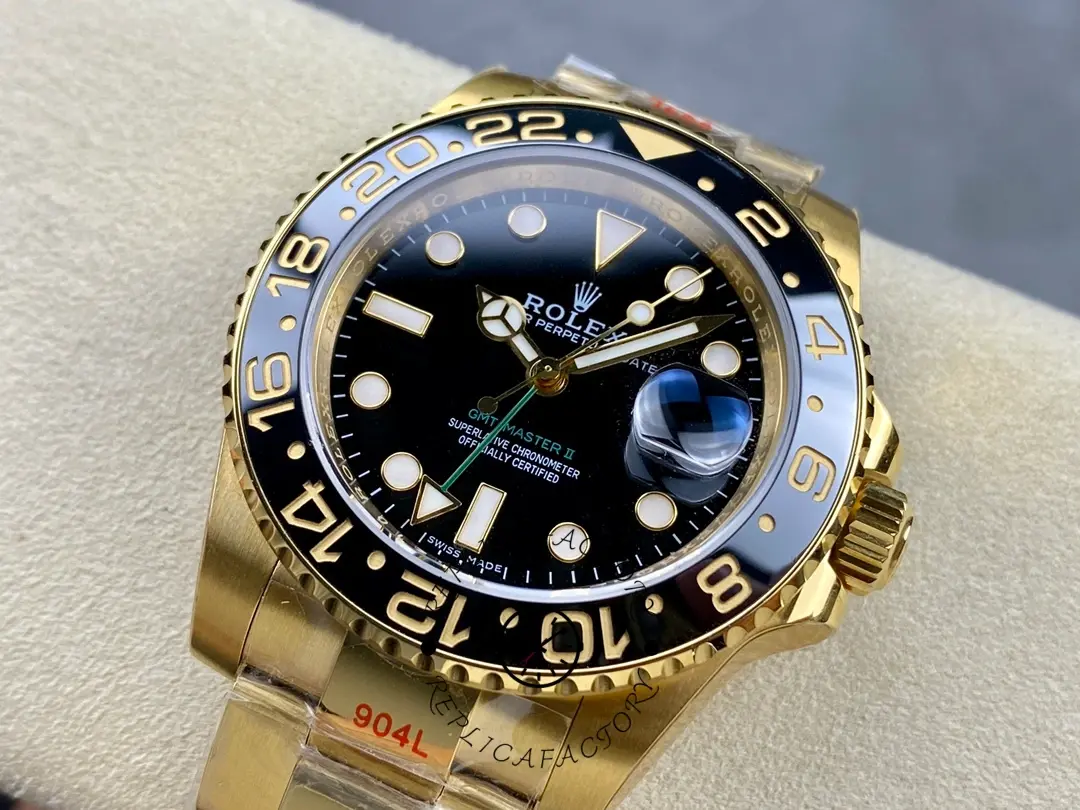 Close dial view of Rolex GMT-Master II 116718LN showing hands, date cyclops, and bezel numerals.