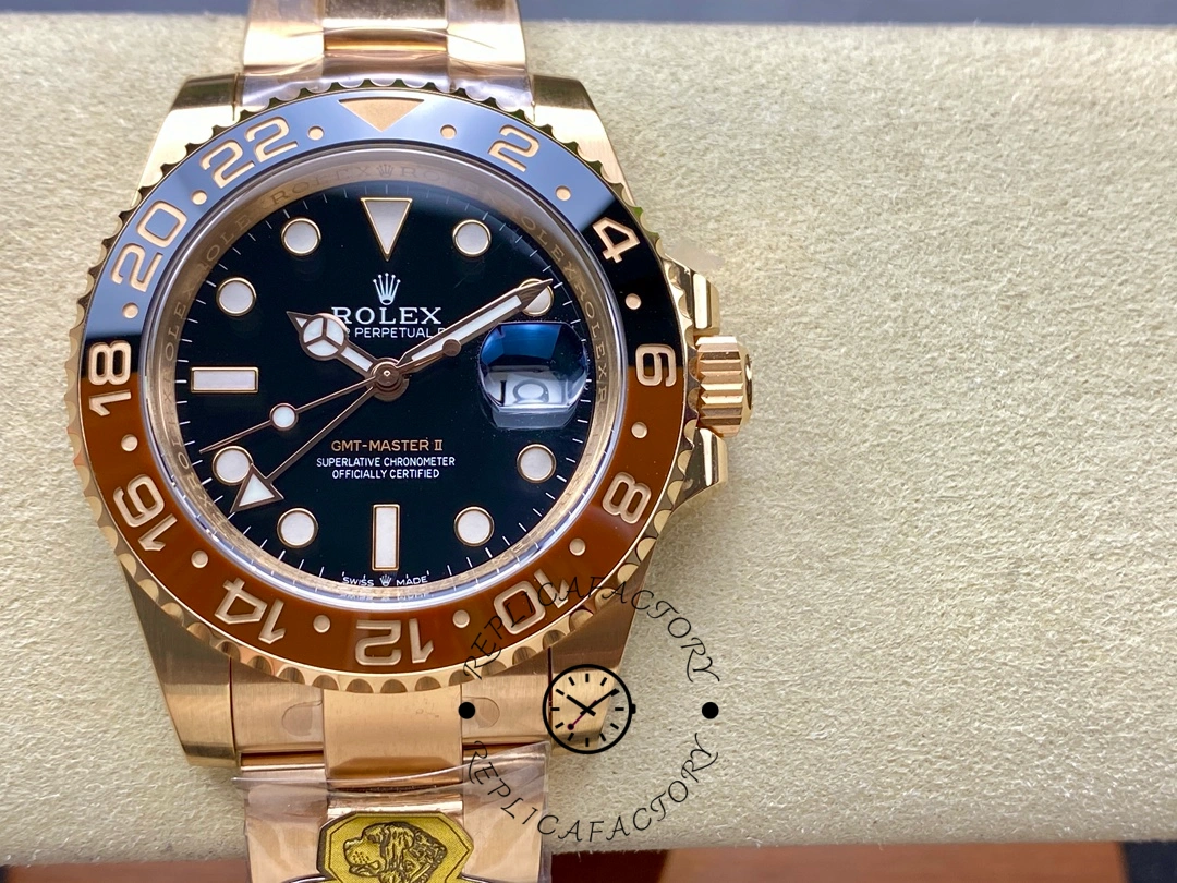 Close dial shot of Rolex GMT-Master II 126715CHNR showing hands, markers, and CHNR bezel numerals.