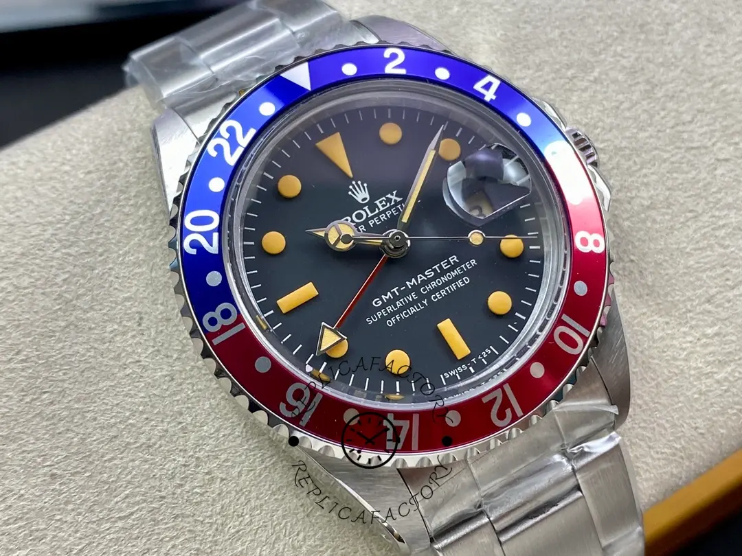 Rolex GMT-Master II 16710, close-up on cushion showing dial text and hands.