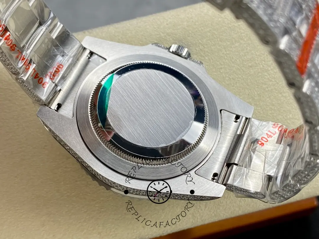 Caseback view of the Rolex GMT Master AMG 126710BLRO showing solid back and bracelet links.