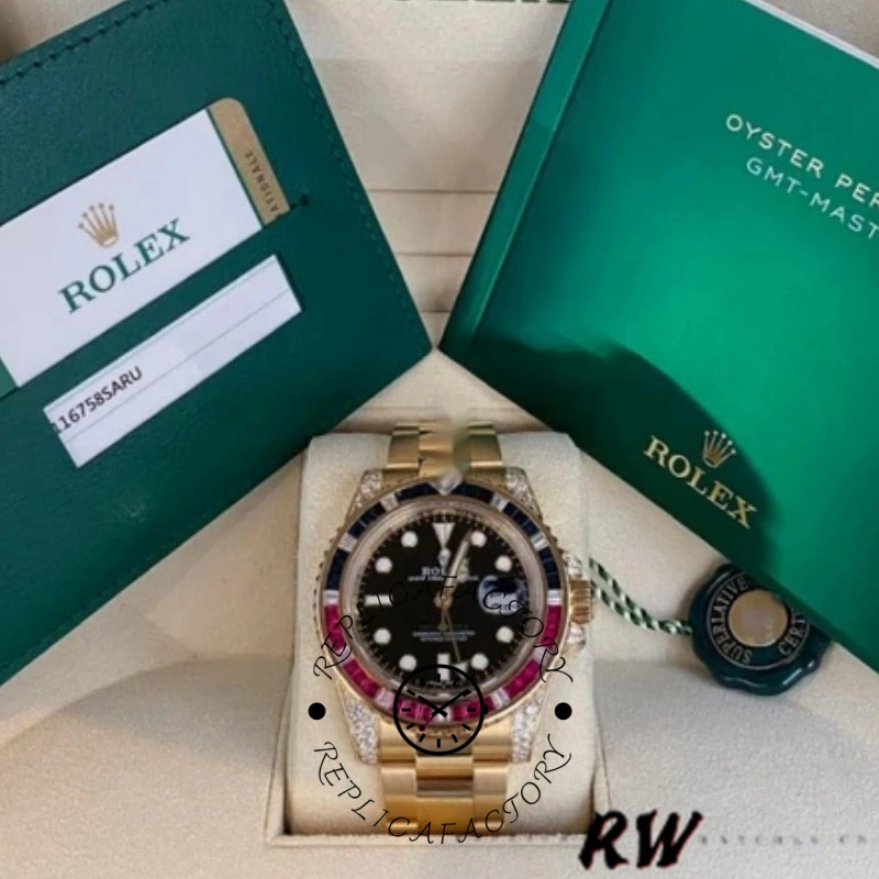 Rolex GMT-Master II 116758 set with box, black dial and gem bezel, yellow gold bracelet shown.