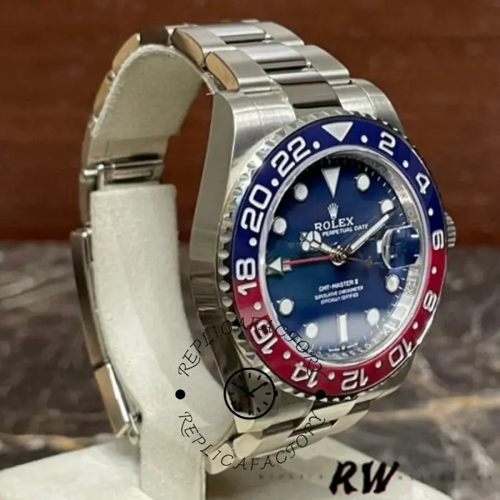 Outdoor wrist/angle shot of Rolex GMT-Master II 126719BLRO showing blue dial and BLRO bezel.