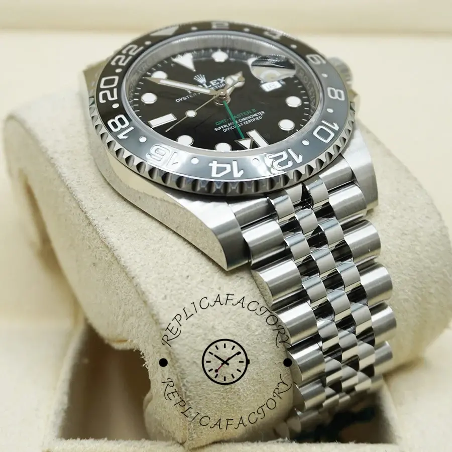 Rolex GMT-Master II M126710GRNR 0003, pillow side angle showing case profile and bracelet.