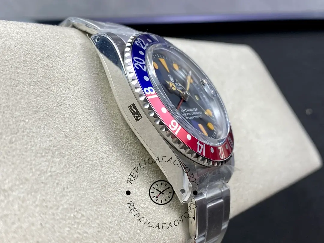 Rolex GMT-Master II 16710, side view on cushion showing bezel height and crystal edge.