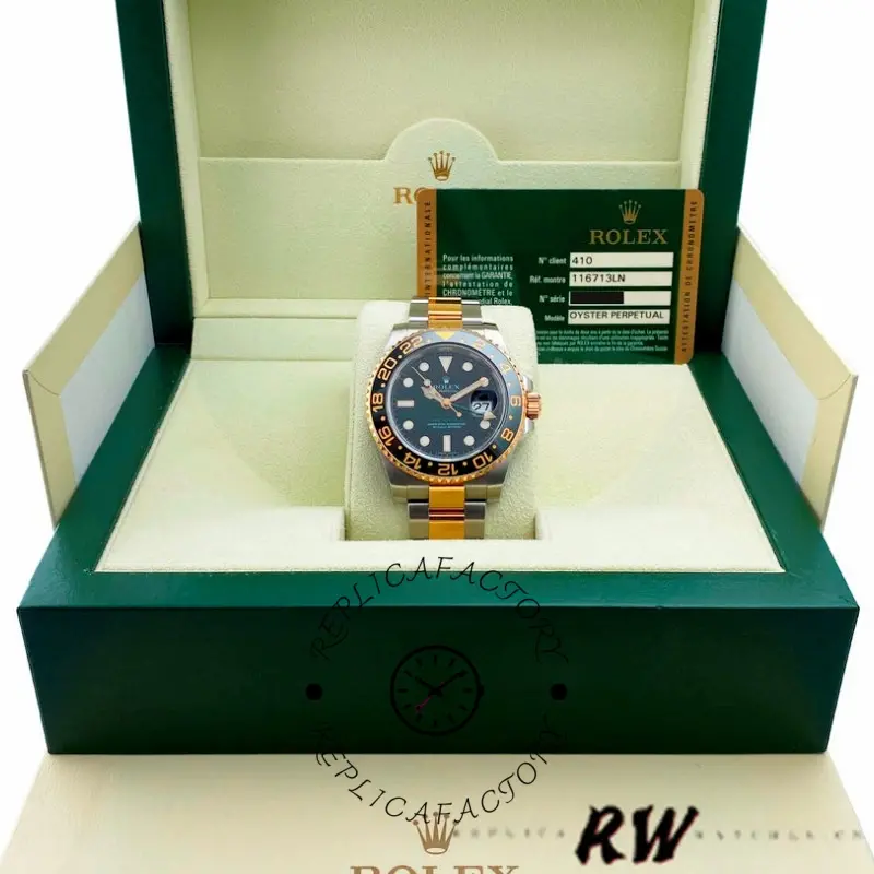 Rolex GMT-Master II 116713LN in Rolex box display, watch centered with green box backdrop.