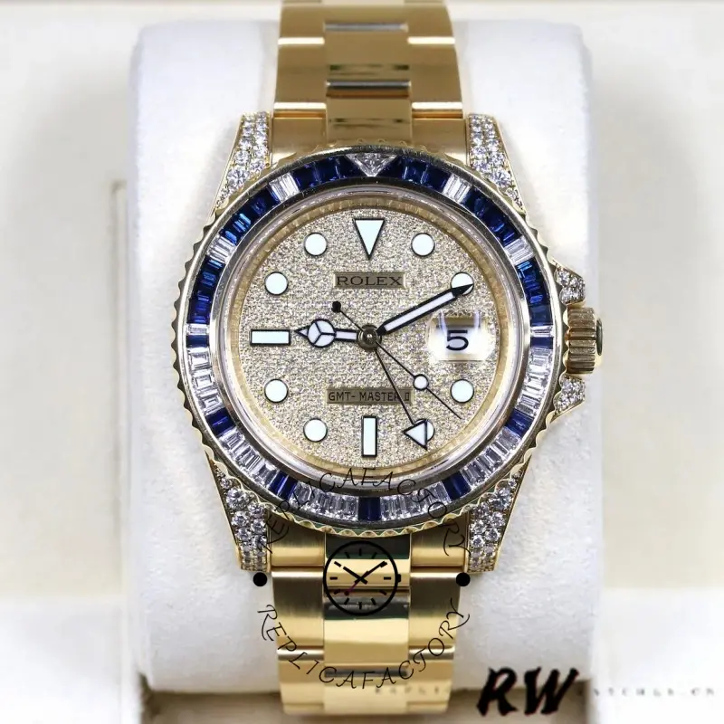 Rolex GMT-Master II 116758 on cushion, front view with pave dial and blue bezel.