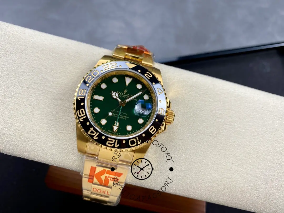 Rolex GMT-Master II 116718LN, side profile showing gold case edge and bracelet.