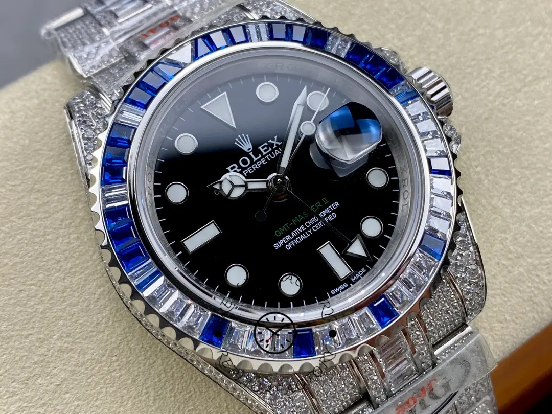 Rolex GMT Master AMG 126710BLRO, angled close-up showing diamond-set bezel and dial.