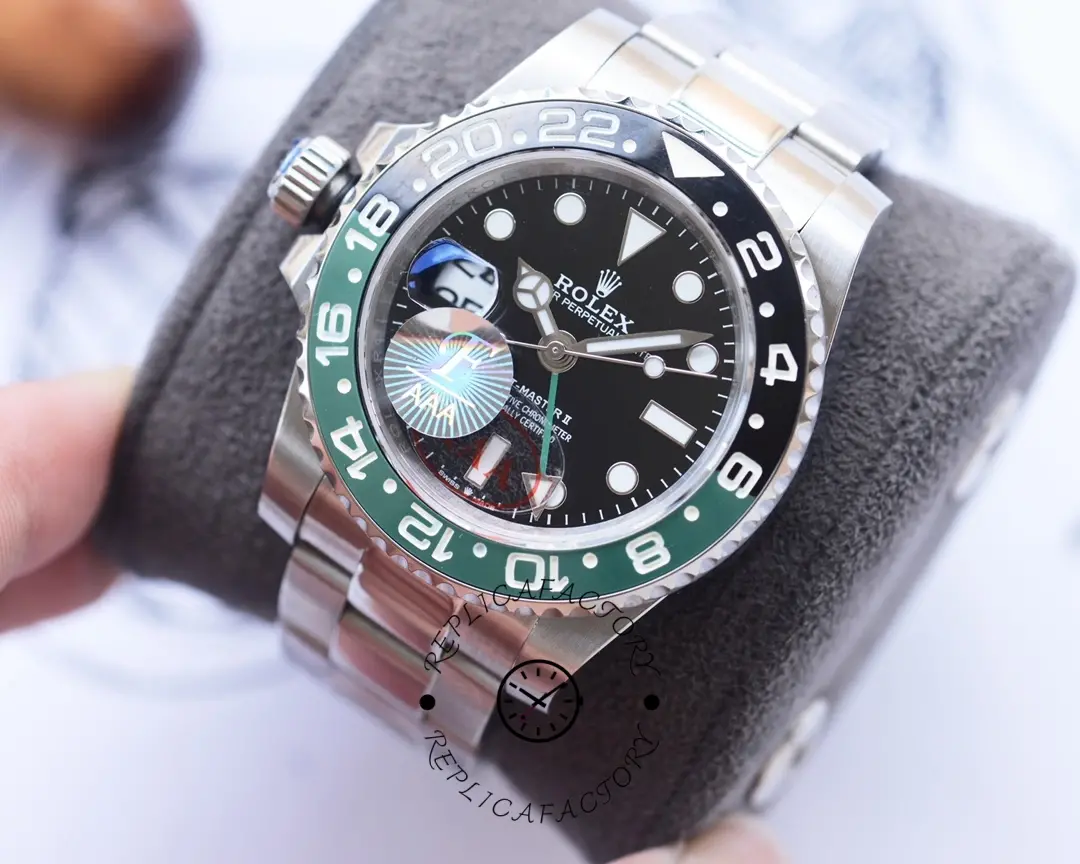 Close-up of Rolex GMT-Master II 126720VTNR showing bezel colors and dial markers.