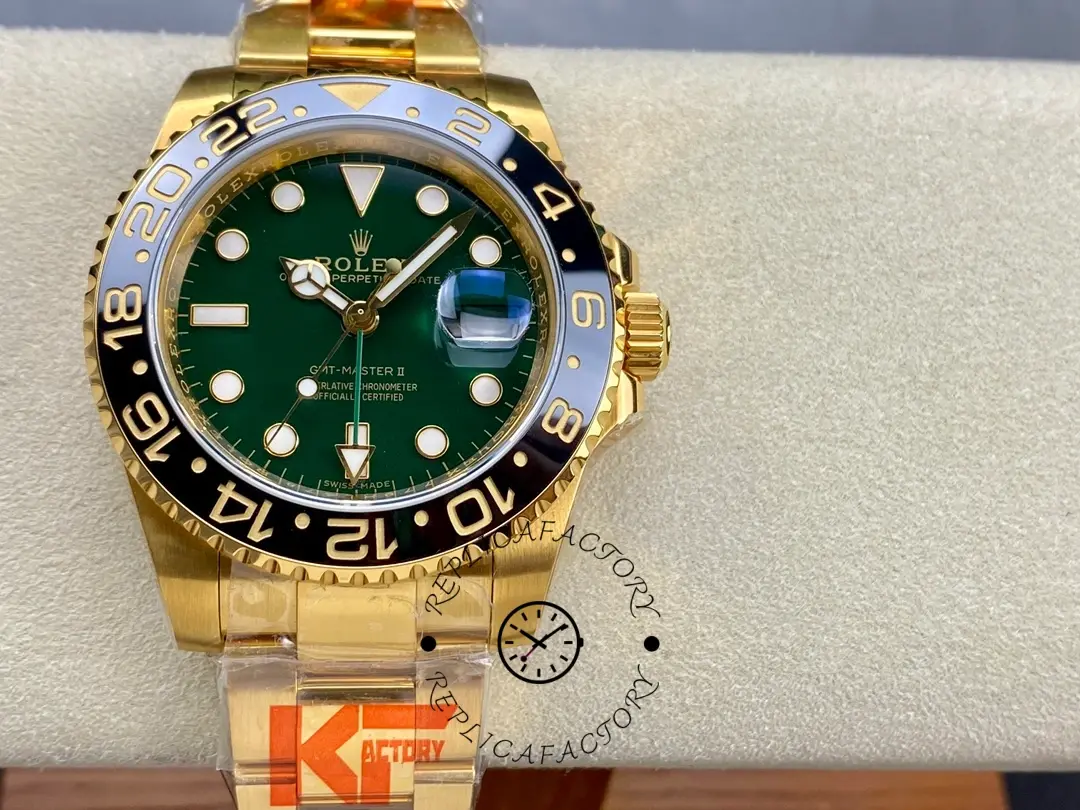 Rolex GMT-Master II 116718LN, wrist shot showing green dial and gold bracelet fit.