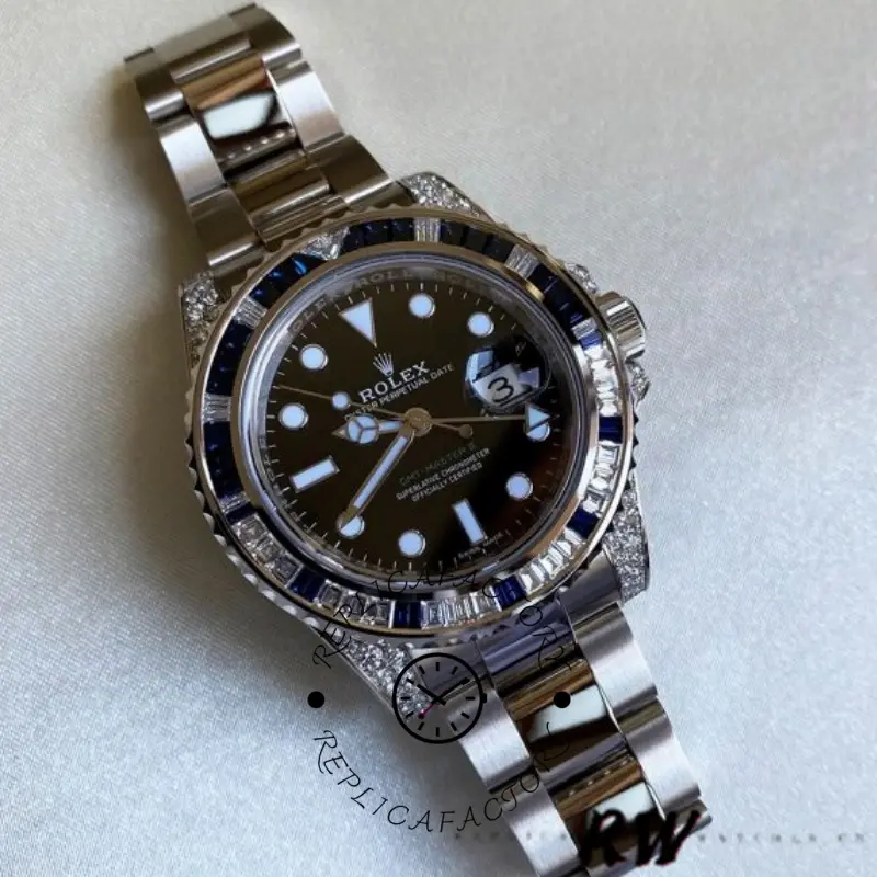 Rolex GMT-Master II 116759SA, angled view on surface showing black dial and bracelet links.