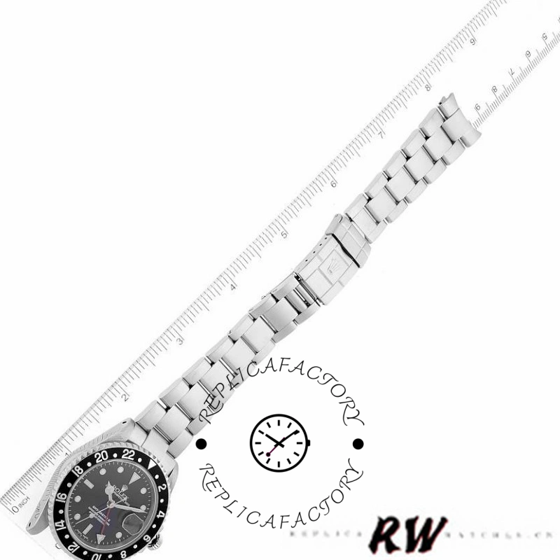Rolex GMT-Master II 16710 bracelet side view, stainless steel links and clasp detail, white background.