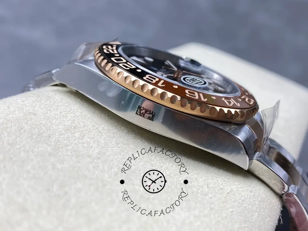 Side profile of Rolex GMT-Master II 126711CHNR on cushion, showing bezel height and lugs.