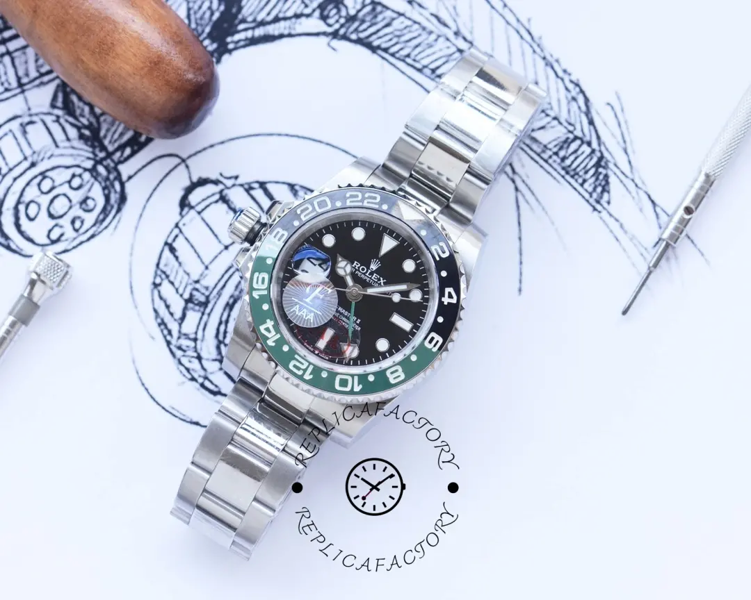 Rolex GMT-Master II 126720VTNR on sketch-style background, three-quarter view.