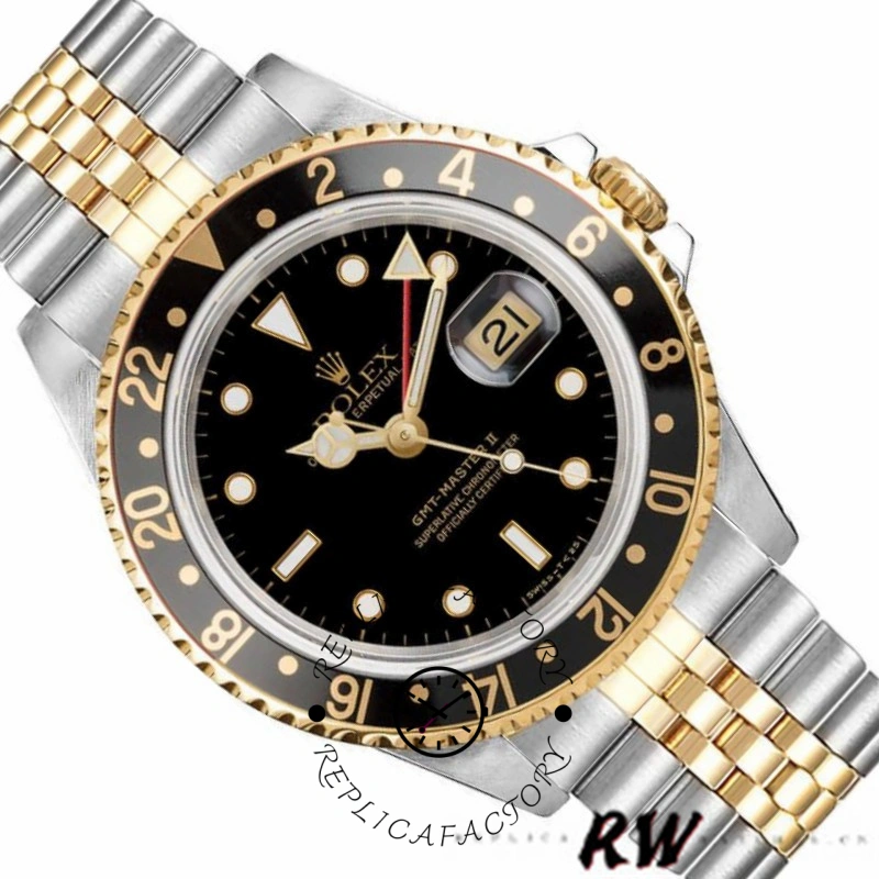 Top view of the Rolex GMT-Master II 16713LN showing the full two-tone bracelet and bezel.