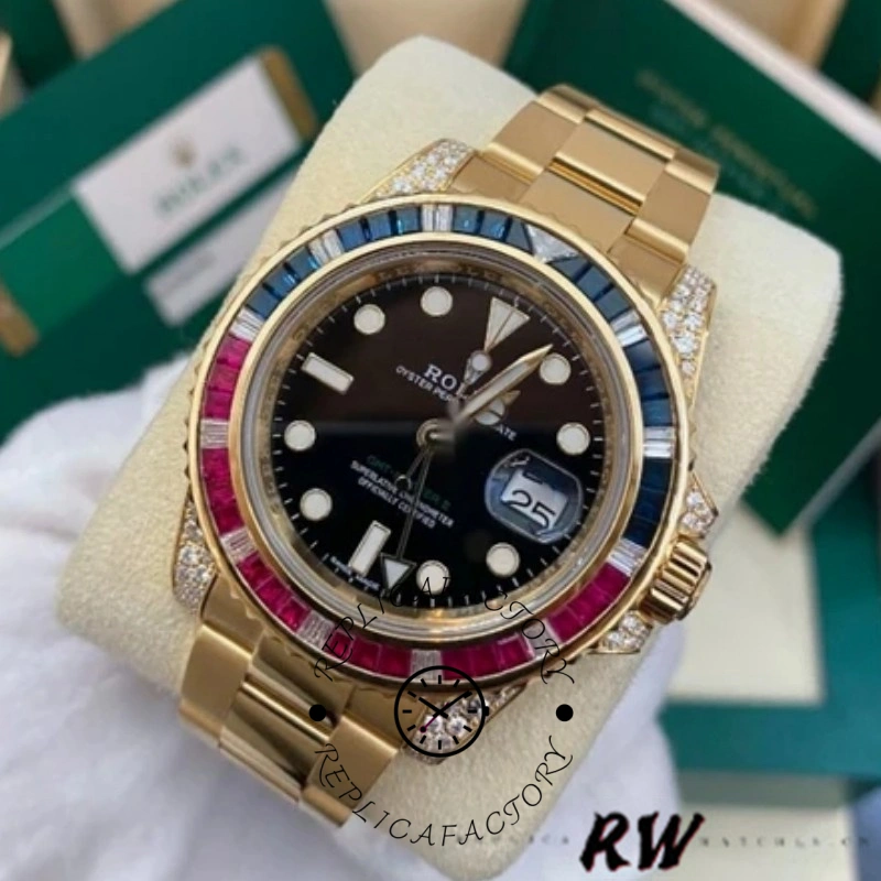 Rolex GMT-Master II 116758 on cushion, black dial and gem bezel, yellow gold bracelet, front view.