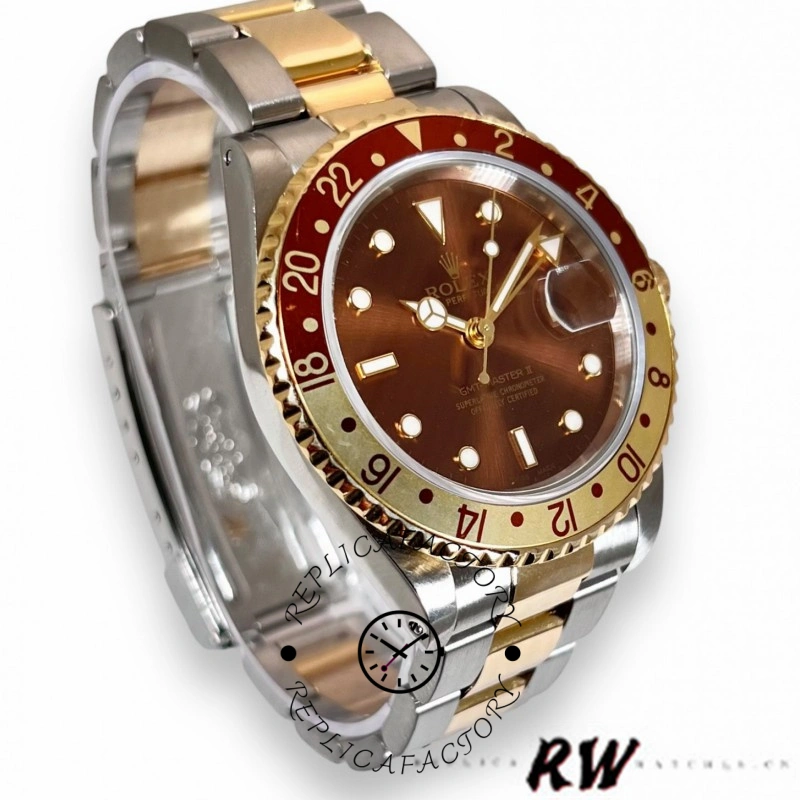 Angled view of Rolex GMT-Master II 16713 showing the brown bezel and two-tone case.