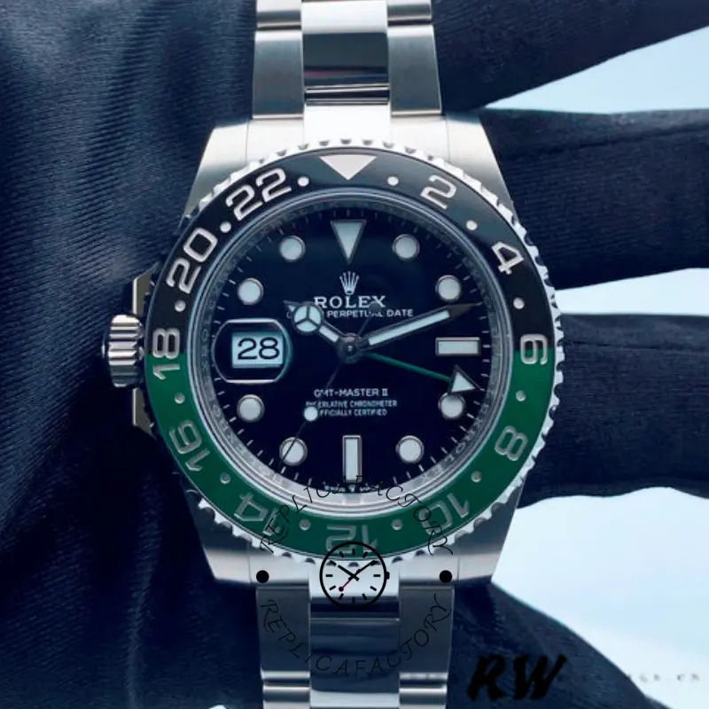 Gloved close-up of Rolex GMT-Master II 126720VTNR highlighting the green/black bezel.